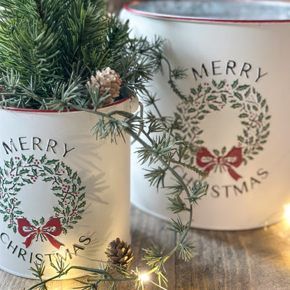 Eimer Topf Dose mit Henkel "Merry Christmas" Metall Weiß 3er Set - Wohnen auf dem Land