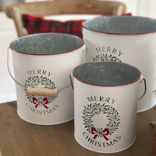 Eimer Topf Dose mit Henkel "Merry Christmas" Metall Weiß 3er Set - Wohnen auf dem Land