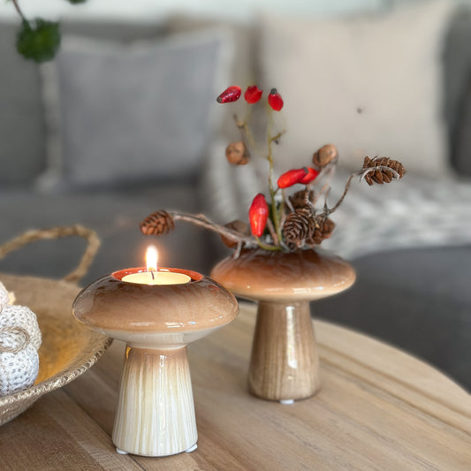 Teelichthalter Pilz "Russle" Keramik glasiert Creme Braun 10cm - Wohnen auf dem Land