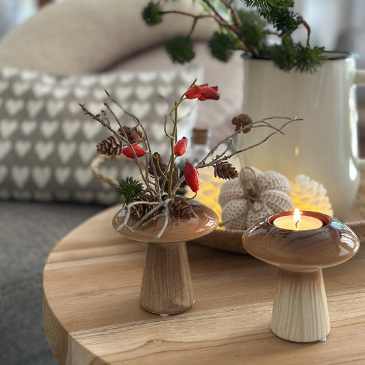 Teelichthalter Pilz "Russle" Keramik glasiert Creme Braun 10cm - Wohnen auf dem Land