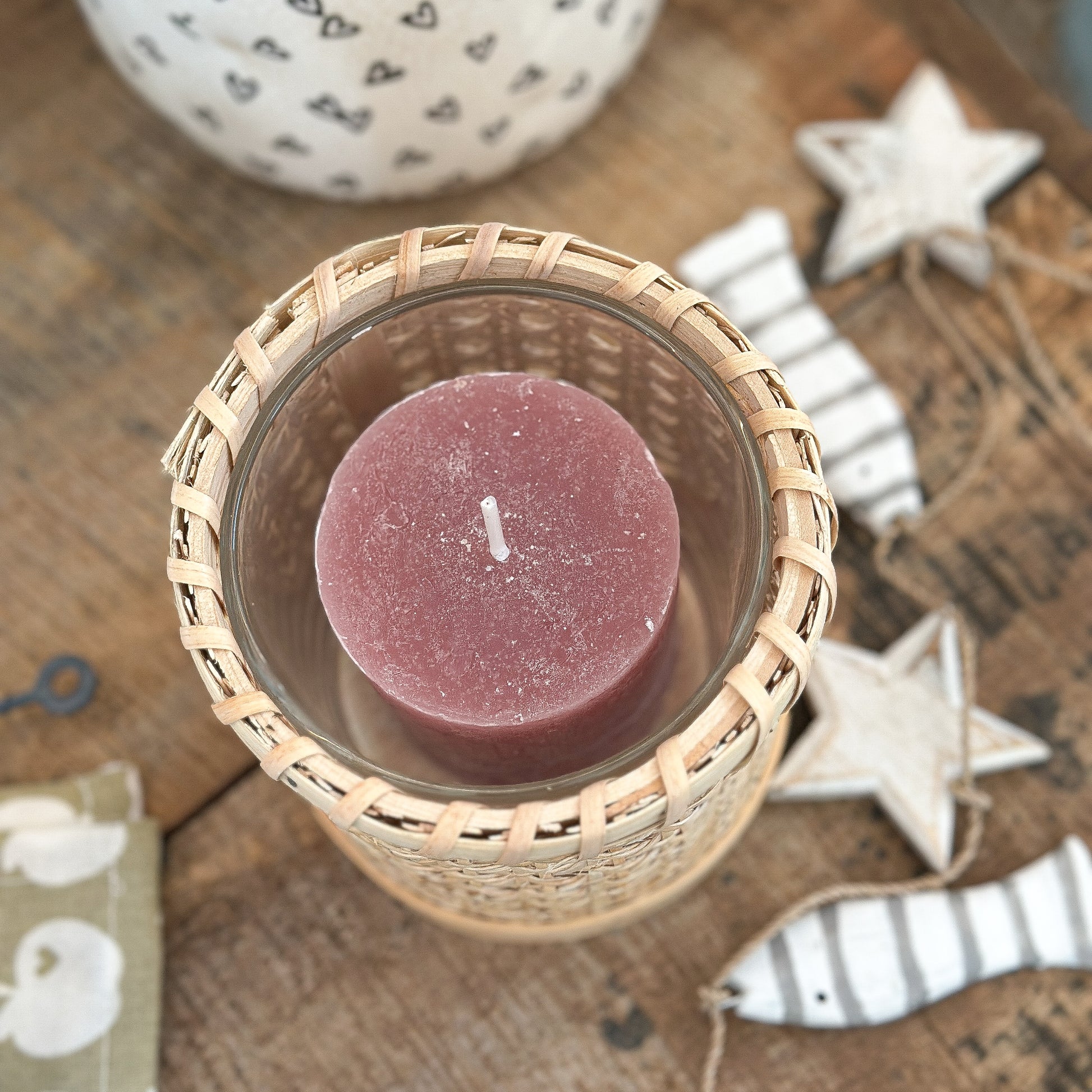 Kerzenhalter Windlicht "Cozy" Rattan inkl. Kerze 2 Farben - Wohnen auf dem Land