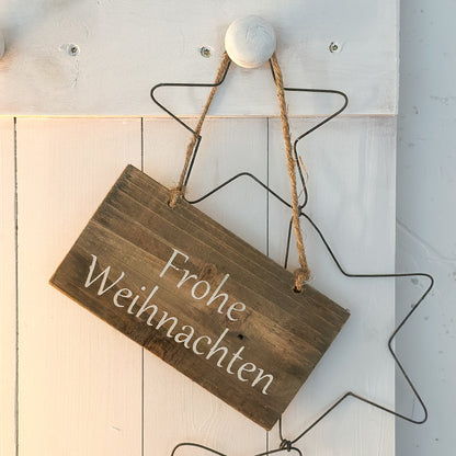 Schild Aufhänger "Frohe Weihnachten" Holz Jute Vintage 18x10cm - Wohnen auf dem Land