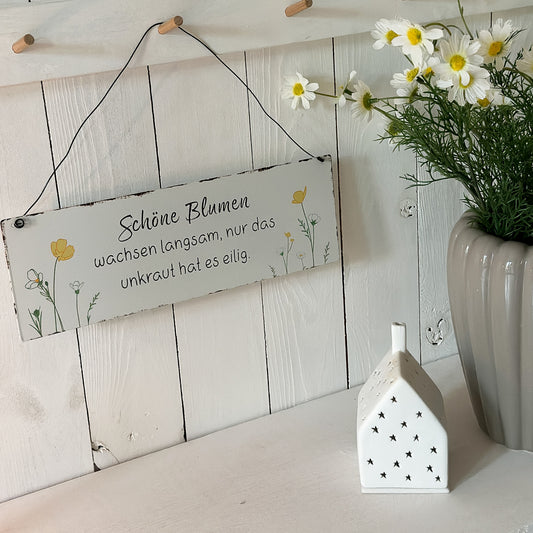 Schild Aufhänger "Schöne Blumen" Metall Vintage Weiß Bunt - Wohnen auf dem Land