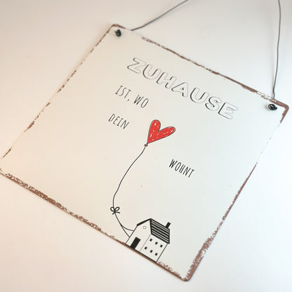 Metall-Spruchschild "Zuhause" von Wohnen auf dem Land, Vintage-Design in Weiß, als dekorativer Aufhänger für die Wand