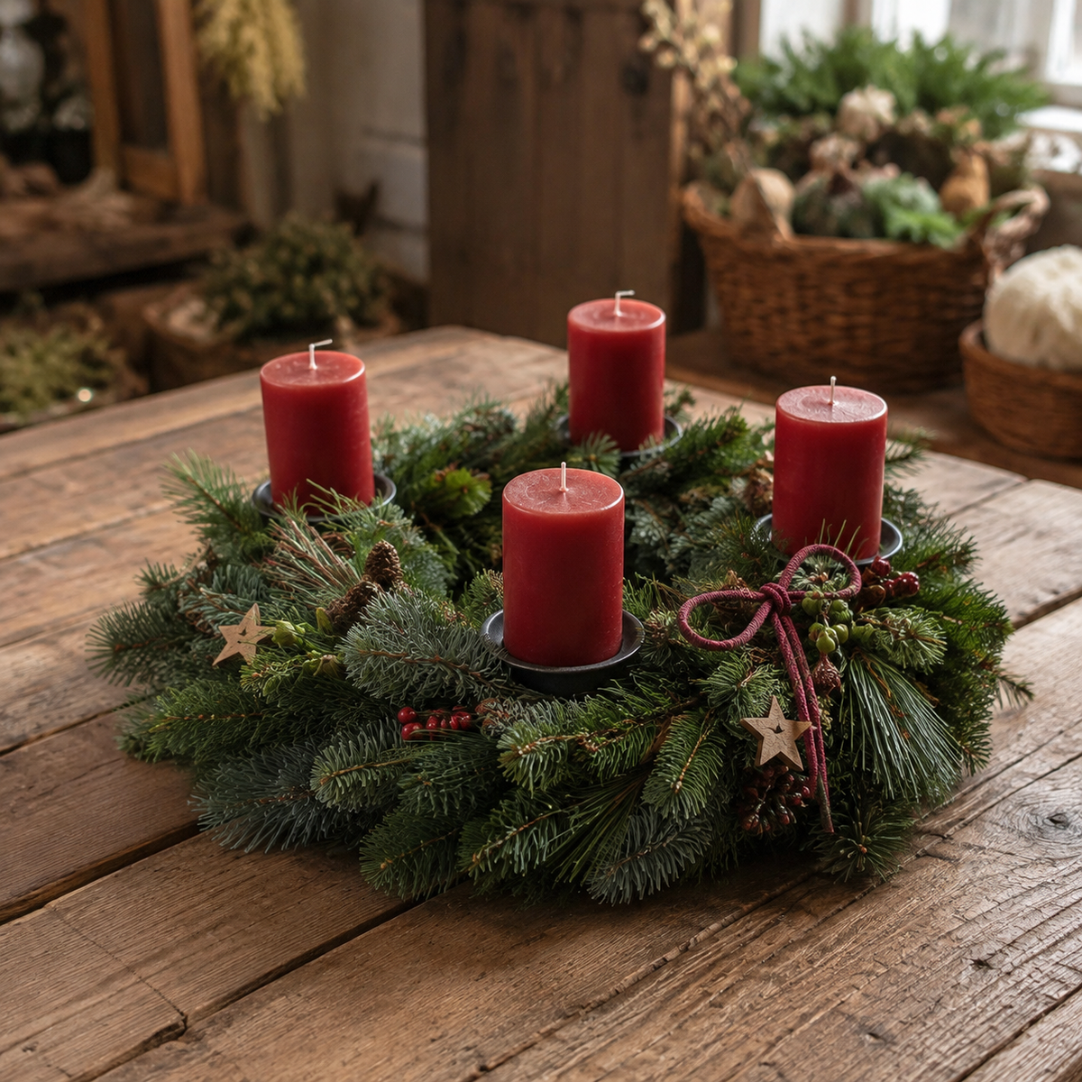 Adventskranz aus Tannengrün mit vier roten Kerzen