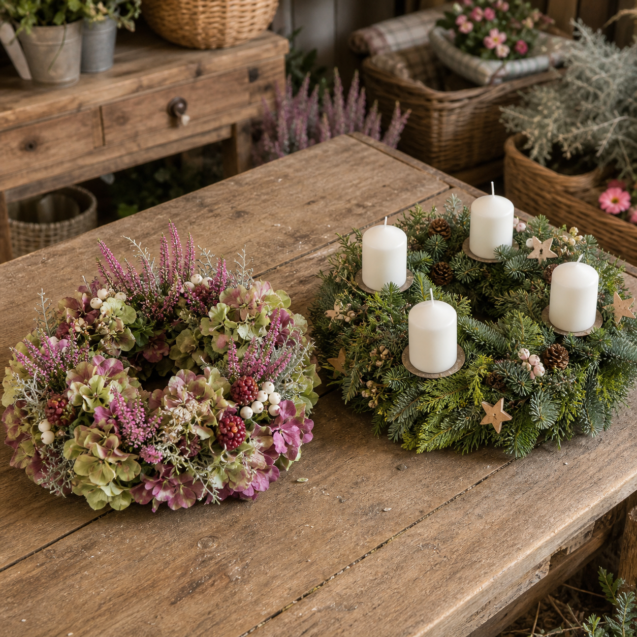 Herbstkranz und Adventskranz als Beispiele für den Kranz Workshop 2026