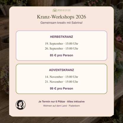 Termine und Preise der Kranz Workshops 2026 mit Sabrina