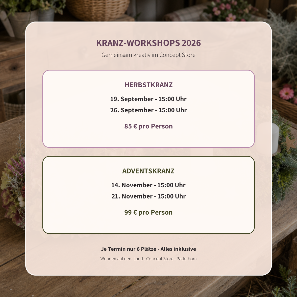 Termine und Preise der Kranz Workshops im Herbst und Advent 2026