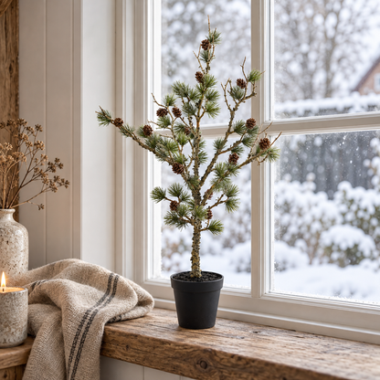 Zeder „Cedar Haven“ künstlich mit Zapfen Kunststoff Grün 60cm im Topf – am winterlichen Fenster