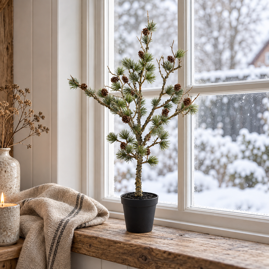 Zeder „Cedar Haven“ künstlich mit Zapfen Kunststoff Grün 60cm im Topf – am winterlichen Fenster