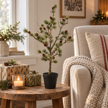 Zeder „Cedar Haven“ künstlich mit Zapfen Kunststoff Grün 60cm im Topf – in einer gemütlichen Leseecke