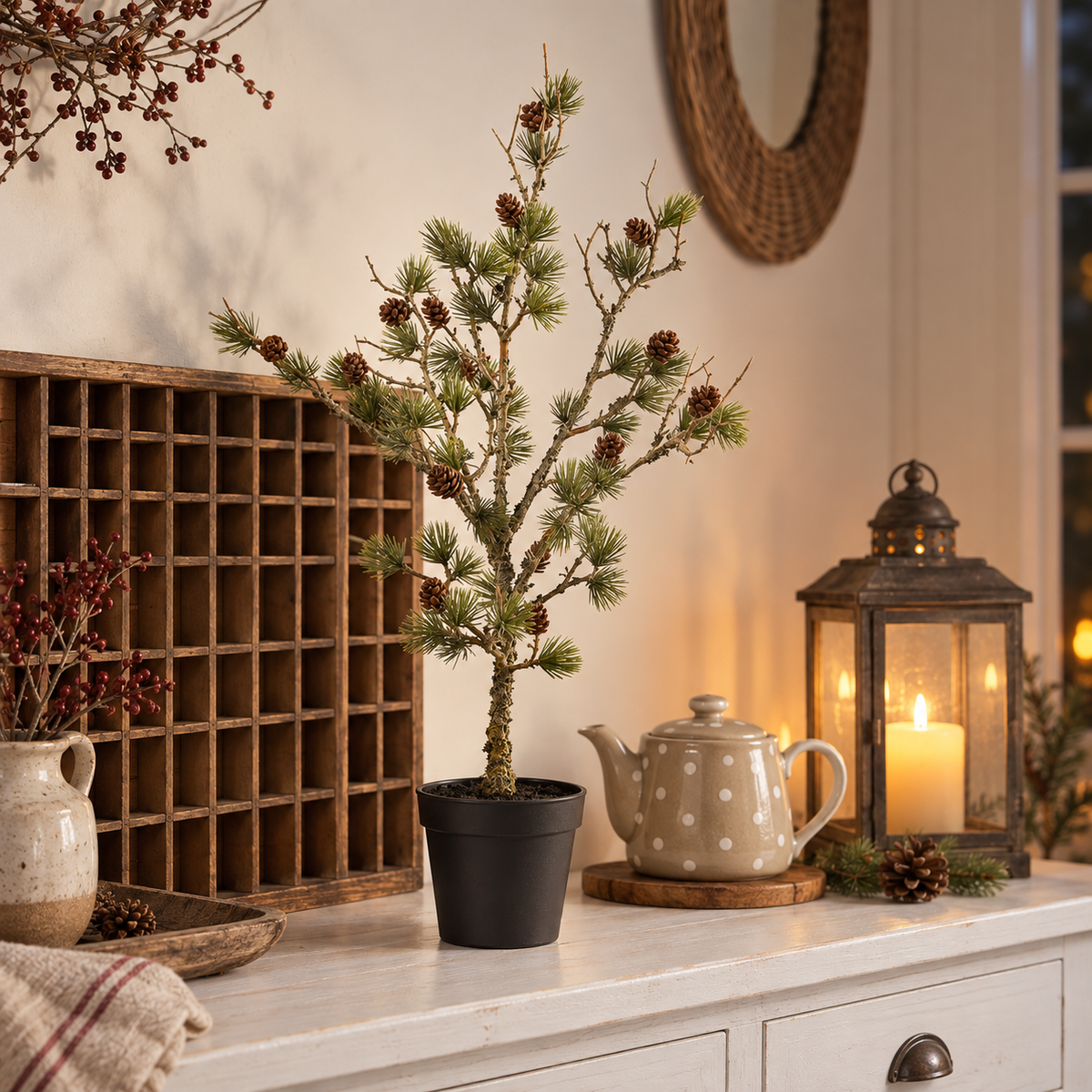 Zeder „Cedar Haven“ künstlich mit Zapfen Kunststoff Grün 60cm im Topf – auf einem winterlich dekorierten Sideboard