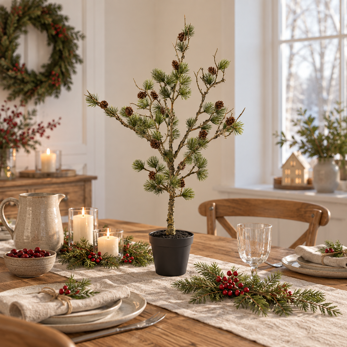 Zeder „Cedar Haven“ künstlich mit Zapfen Kunststoff Grün 60cm im Topf – auf einem gedeckten Wintertisch