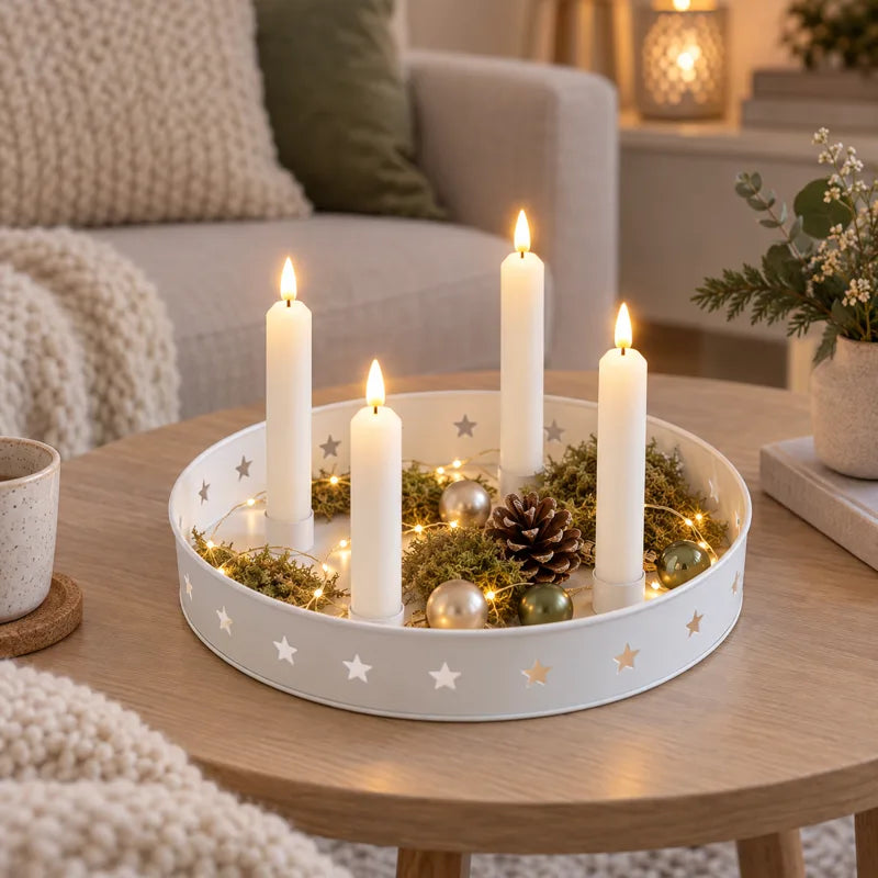 Weiße Kerzenschale mit Sternen im Adventsambiente
